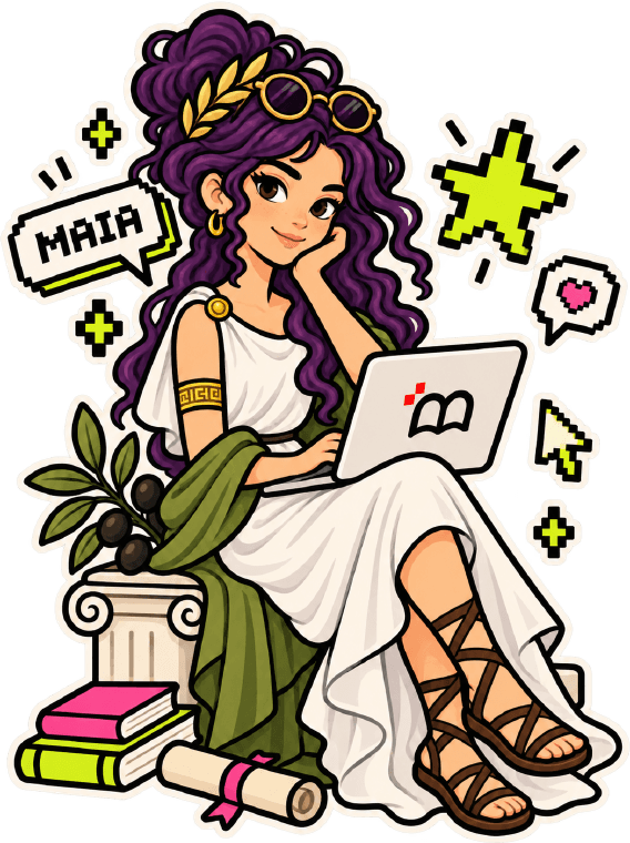 Maia, en muse grecque, un ordinateur portable sur les genoux.