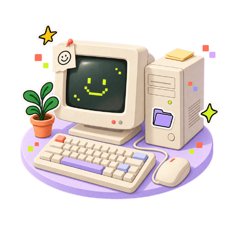 Un vieil ordinateur de bureau, écran allumé sur un sourire.