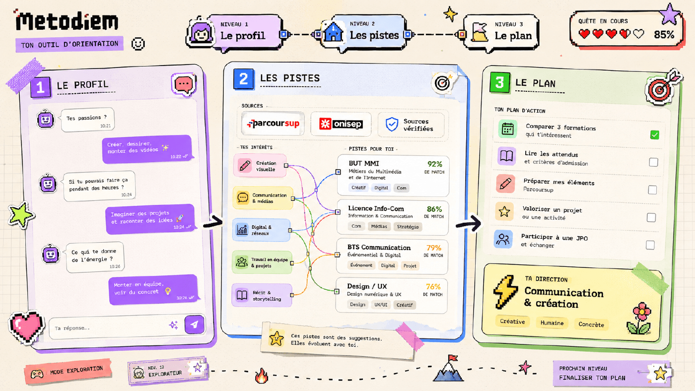 Maquette de l'interface à venir: le profil, les pistes de formation, le plan d'action. Aucune donnée réelle, l'outil n'est pas encore fonctionnel.